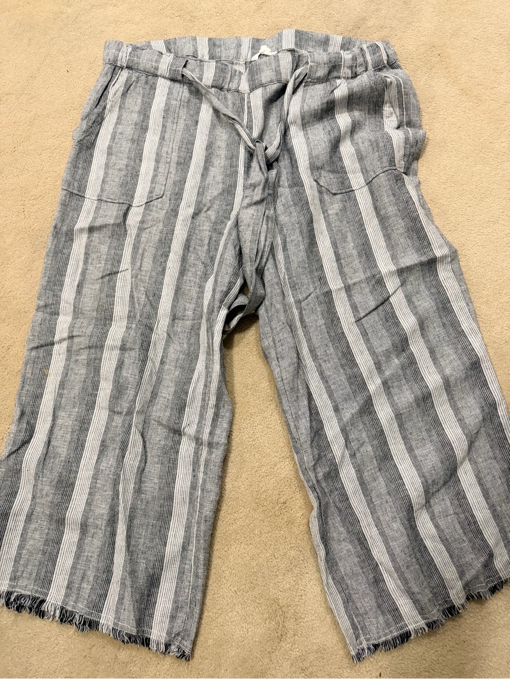 Gray and White Striped Linen Wide-Leg Pants